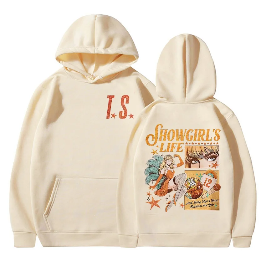 TS حياة جولة Showgirl 2025 Merch الخريف/الشتاء الرجال النساء موضة ريترو هوديي عادية اضافية كبيرة قلنسوة من القطن
