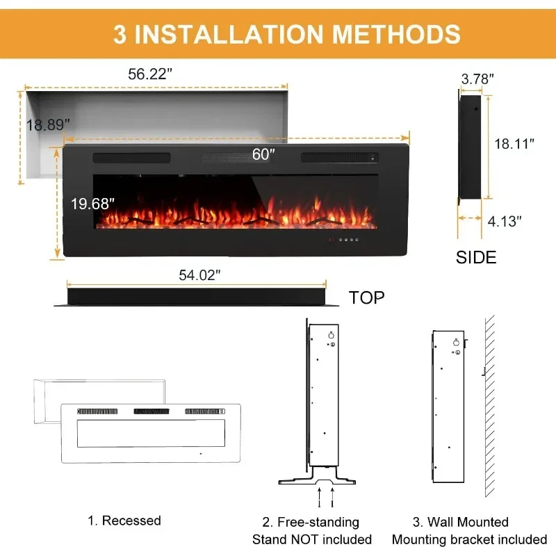 Chimenea eléctrica, calentador de chimenea fresco al tacto, chimenea empotrada y montada en la pared, temporizador, Control remoto ajustable