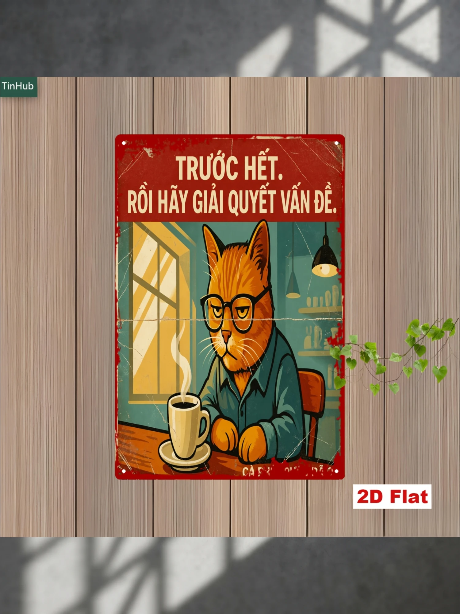 2D Flat 1pc Vintage Vietnamese Slogan Metal Sign, 7.87X11.81inch Iron Sign, with Orange Cat Drinking Coffee Design, Retro Industrial Style Wall Decor, Suitable for Home Office Cafe Bar Fun Cat Quote, Metal Wall Art, Home Decoration, Wall Art, Tin Poster