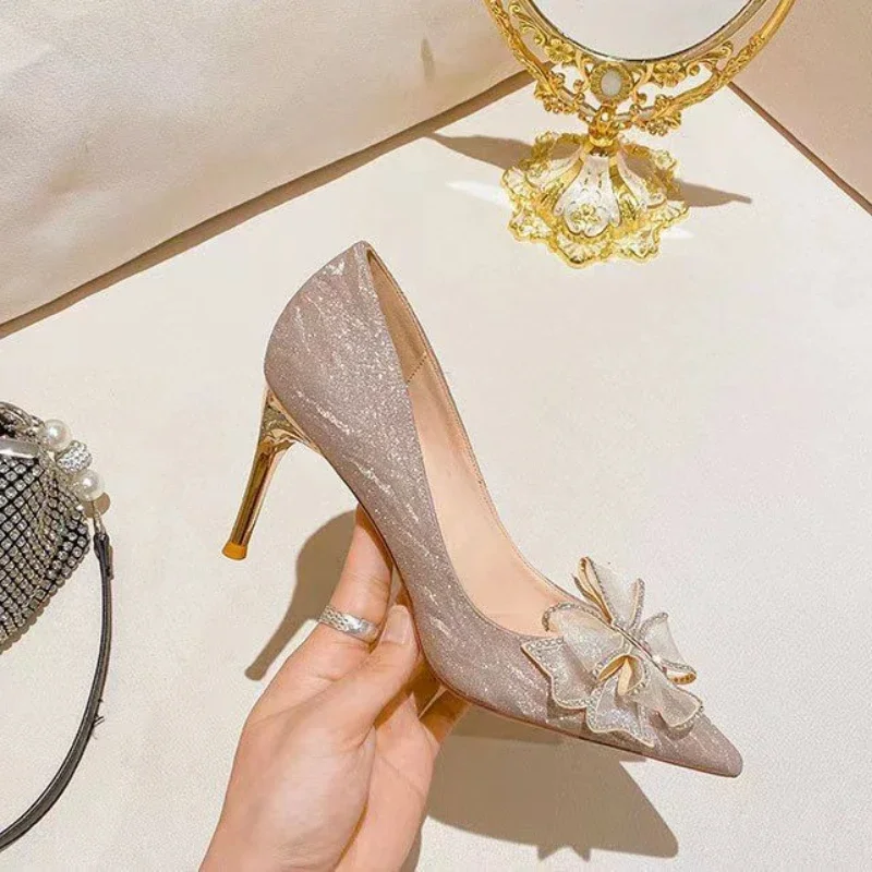 Ladies Pumps High Heels Pointed Toe Bridesmaid With Bow Stylish Chic Point Korean Style Discount Popular Elegant Women's Shoes