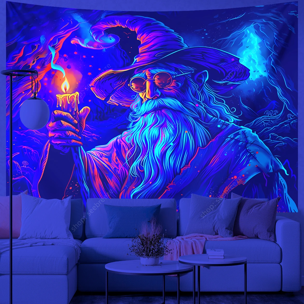 Halloween Wizard UV Reactive Tapestry for Witchcraft Hippie Wall Hanging Bohemian Mandala Art Aesthetic Room Wall Decor