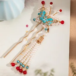 Butterfly Tassel Hairpin Pearl Ming Dynasty Hair Stick Forks Chinese Wedding Hair Accessories Retro Han Custome Hair Bun Jewelry