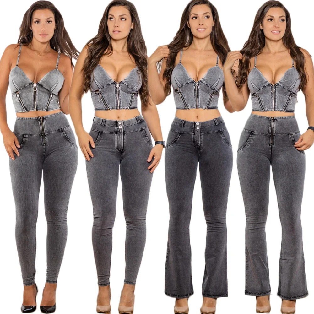 

Shascullfites Melody New Women's Fashion Sexy Bandage Two-piece Set Sleeveless Tight Short Top & Denim Trousers Pants Set