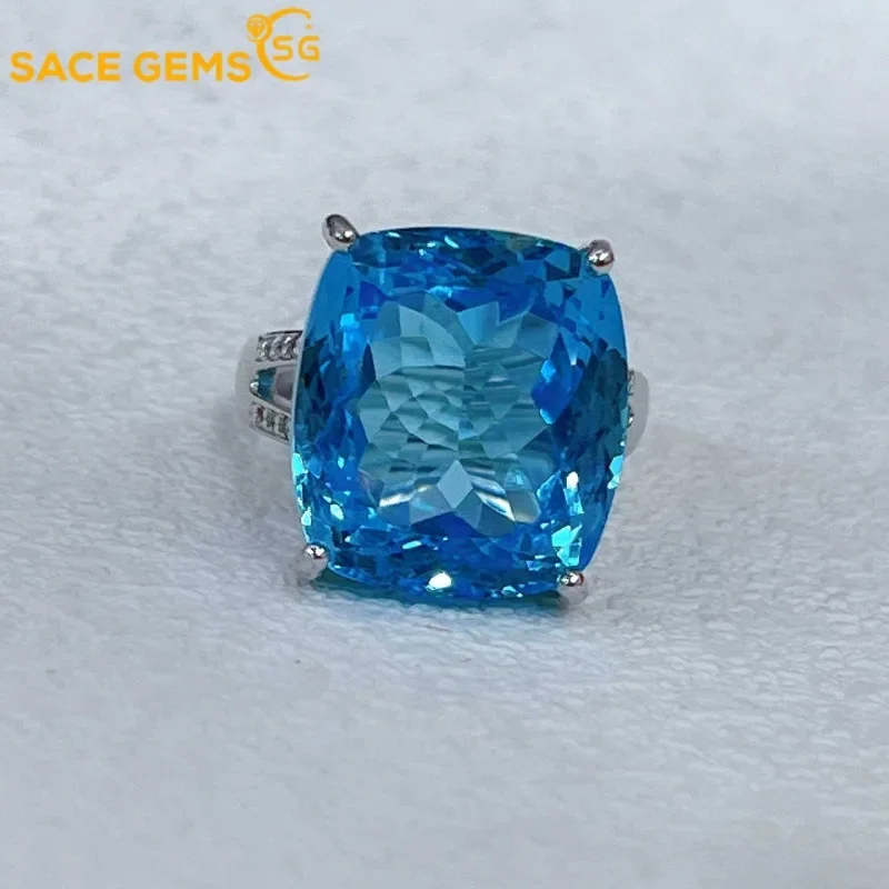 SACE GEMS New Certified 16*18MM Natual Swiss Blue Topaz Rings for Women 925Sterling Silver Wedding Party Fine Jewelry Festival