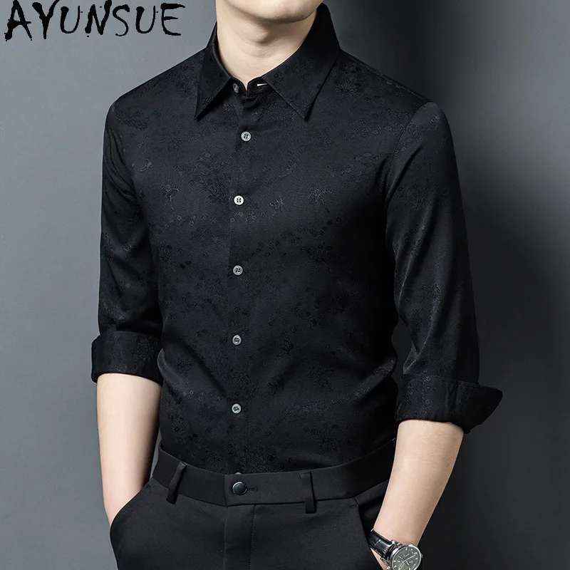 AYUNSUE Men's Long Sleeve Silk Shirt Spring Autumn High-quality Jacquard 95% Mulberry Silk Satin Shirts for Man Breathable Tops