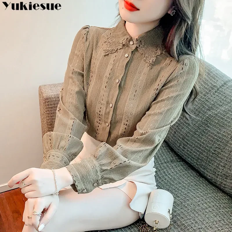 

Korean Shirt Women Spring Harajuku New French Long Sleeve Hollow Out Stand Collar Lace Embroidery Women Clothing Sense Of Design