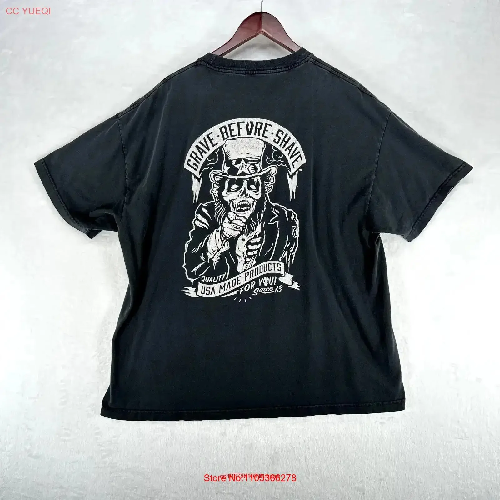 Camiseta masculina Grave Before Shave 2X preta com estampa vintage do tio Sam, caveira, barba, EUA, estilo vintage lavado, elegante.