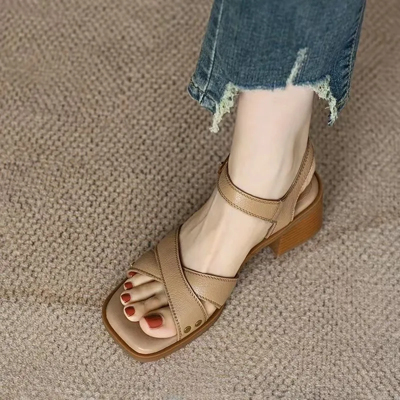 Women Apricot Sandals Handmade Vintage Square Toe Buckle Shoes New PU Leather Ladies Summer Beach Casual Pumps Women\'s Sandals