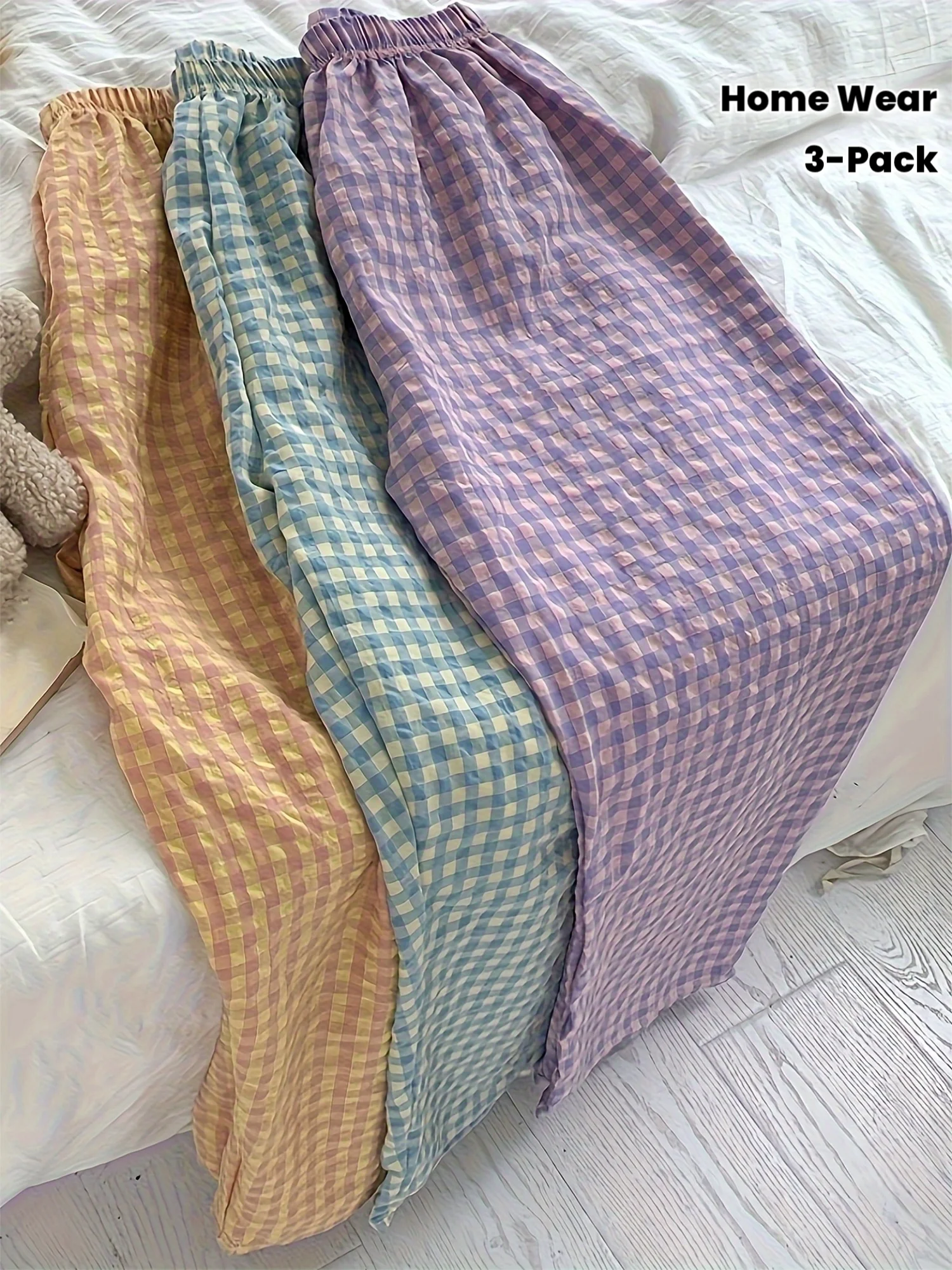 

3-Piece Set of Women's Simple Checkered Pants, Loose-Fitting, Lightweight Loungewear—A Must-Have for Spring, Summer, and Fall