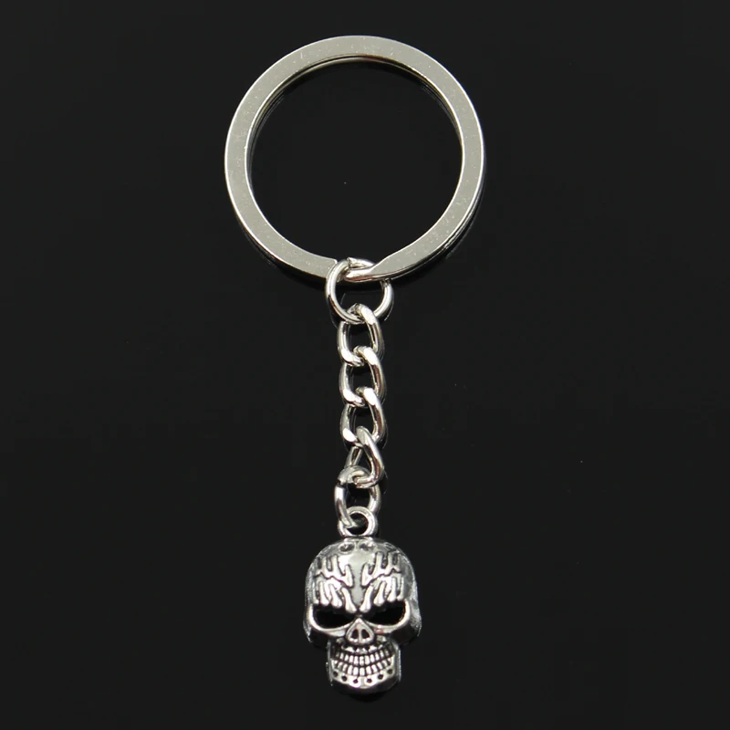 Fashion 30mm Key Ring Metal Key Chain Keychain Jewelry Antique Bronze Silver Color Plated Skeleton Head Skull 21x13mm Pendant