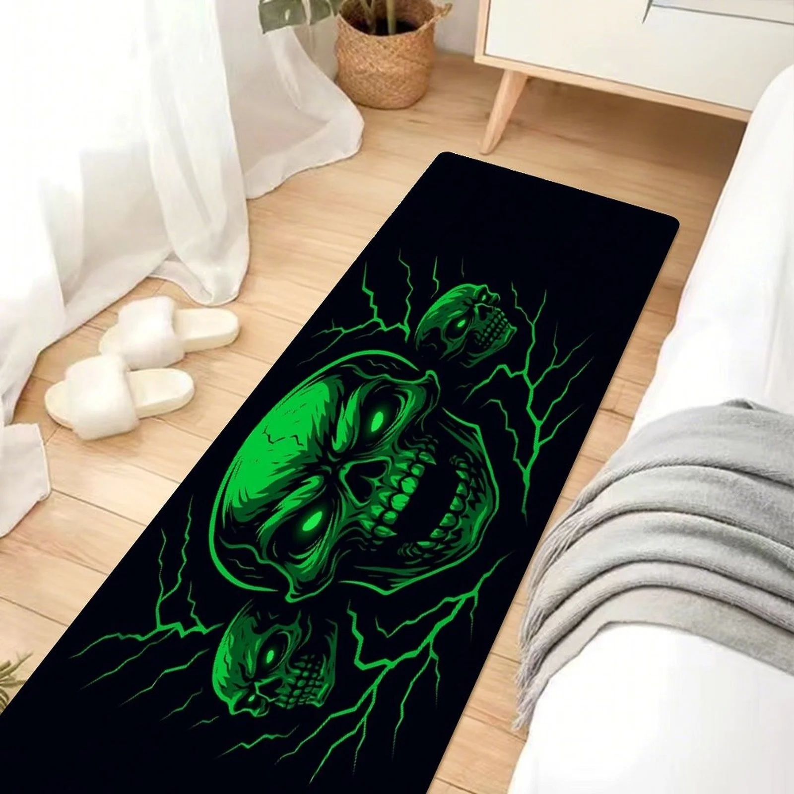 Neon Green Skull with Lightning Print Kitchen Mat, Non-Slip Washable Durable Runner Rug for Kitchen, Bathroom,Laundry Room Decor