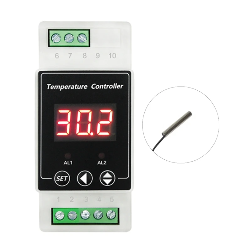 Termostat Rel LED AC220V Relai 2 Arah dengan Output Relai Pengendali Terpasang Rel Din untuk Pemanasan dan Pendinginan Probe Silinder