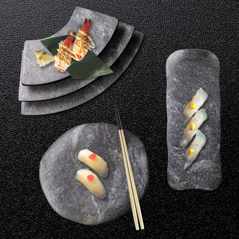 Hotel Supplier Miamine Plate Restaurant Dinnerware Set Unbreakable Tableware Japanese Style Sushi Plate Fast Food Tray Black