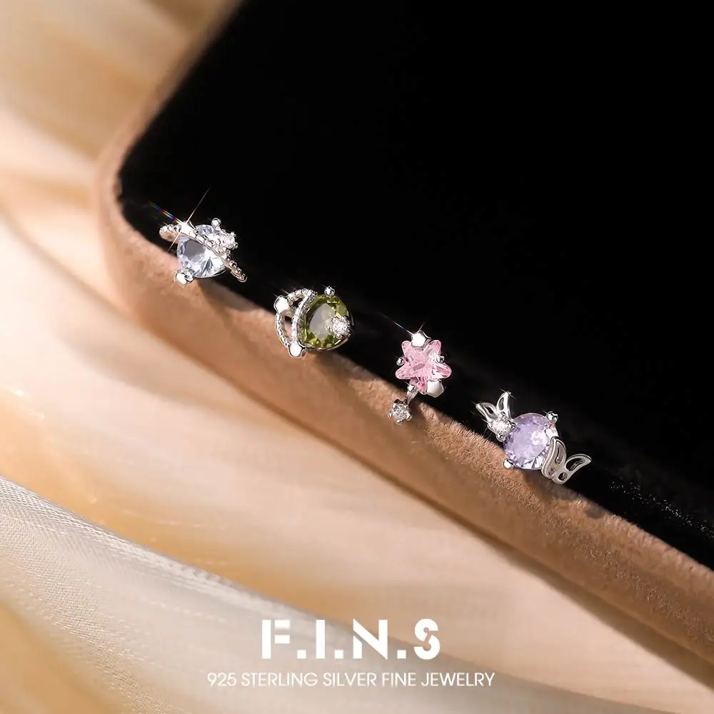 F.I.N.S S925 Sterling Silver Multi Colour Zircon Star Moon Stud Earrings for Women Exquisite Small Pierced Ear Fine Jewelry Gift