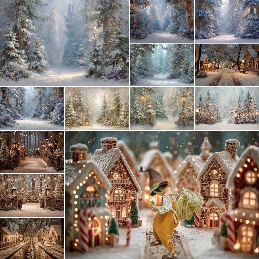 

MOON.QG Christmas Snow Town Backgrounds For Photography House Glitter Light Pine Forest Backdrop Family Photozone Photo Studio