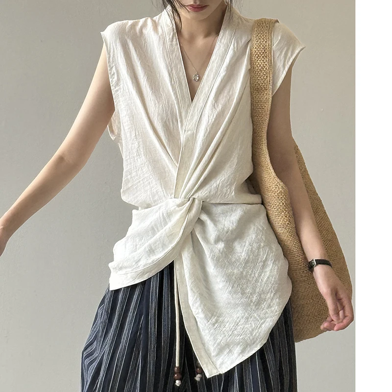 

20% Linen Vest Shirts Criss-Cross Knot V Neck Tank Tops Women Summer Loose Casual Elegant Office Ladies Sleeveless Blouse