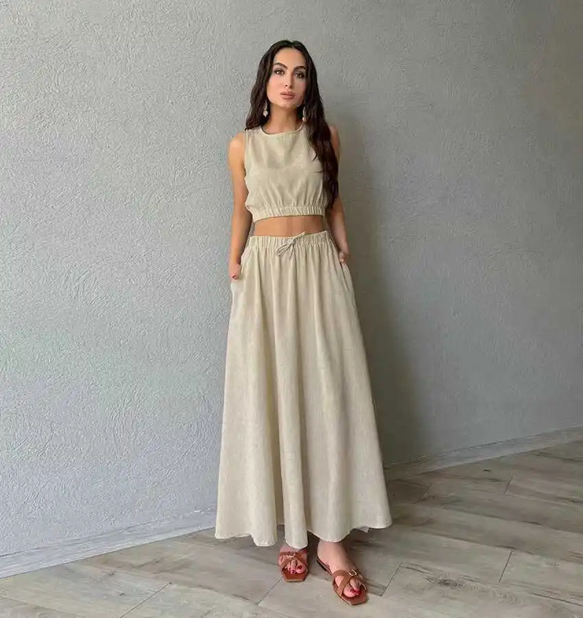 

Faionable Summer Svel Tank Top f Комплект с юбкой Хлопковый круглый пуловер Ne из двух предметов Женский ансамбль