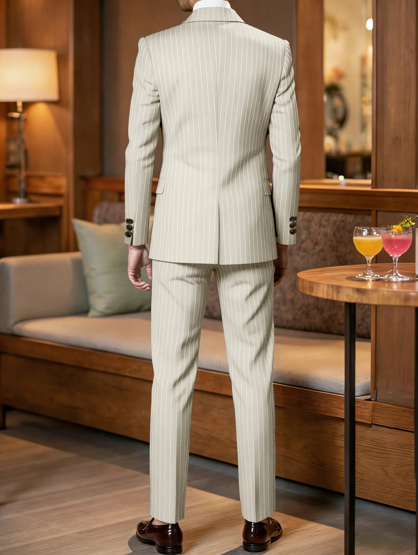 Slim Fit Double Breasted Pinstripe Suit Men 2 Piece Business Formal Blazer Wedding Party Dress Suits for Weddings and Banquets