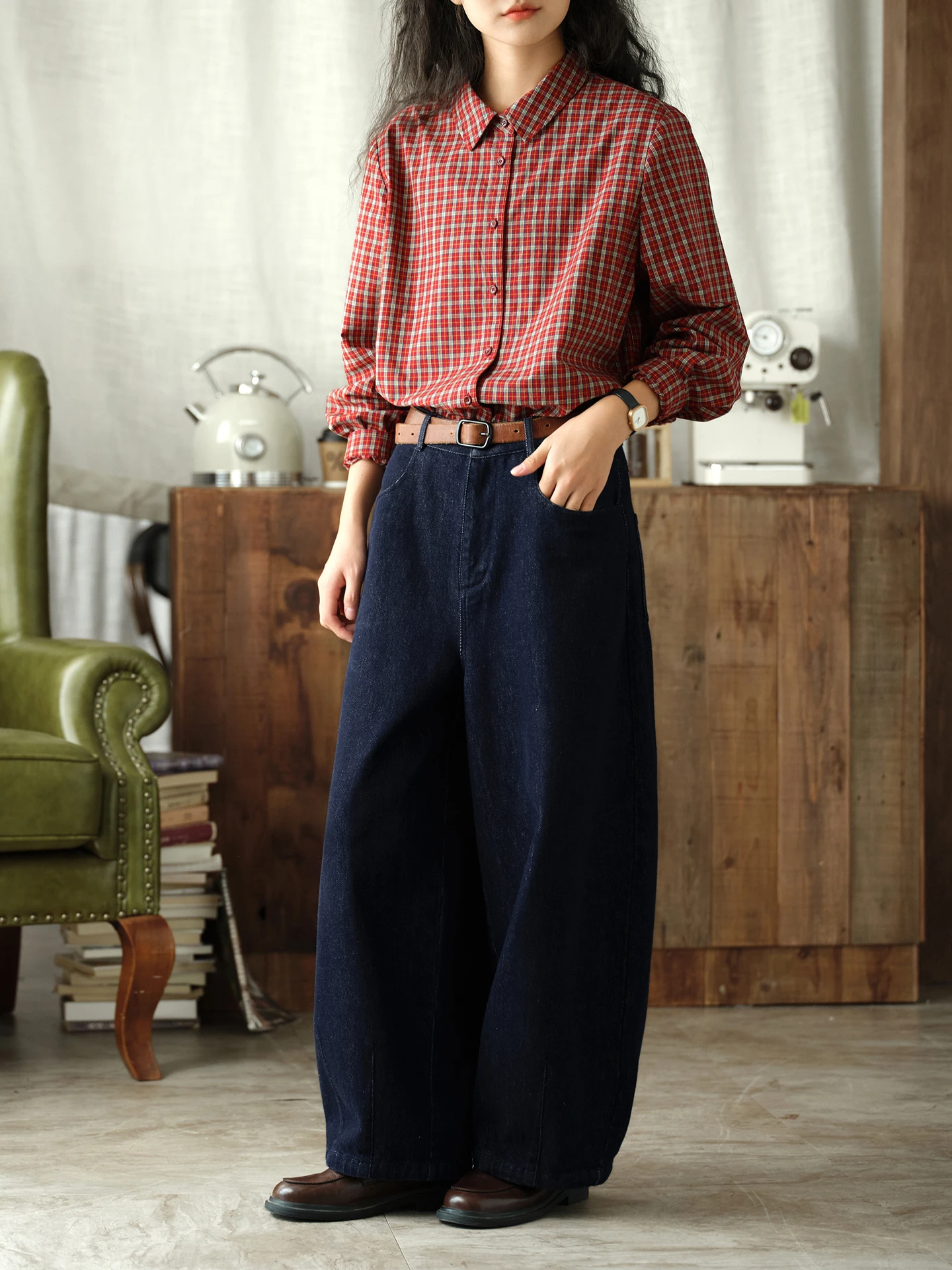 Original Blue Pure Cotton High Waist Wide Leg Denim Pants Women's Small Size Autumn Loose Casual Nine Points Jeans