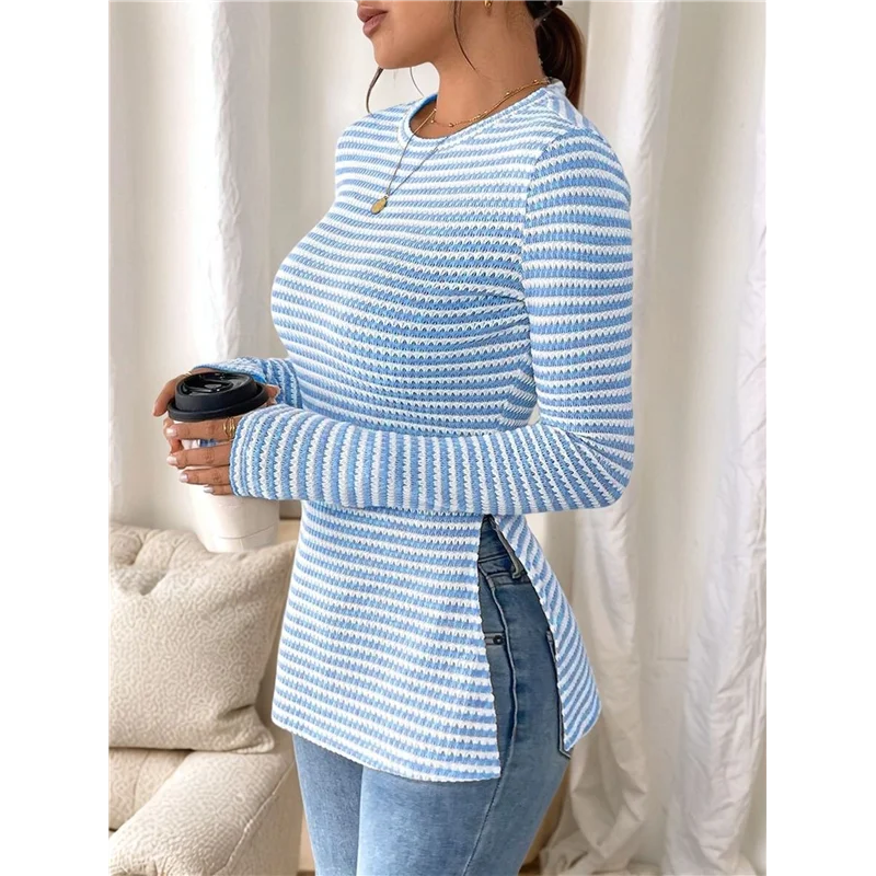 FBIL-Kaus Lengan Panjang Bergaris Wanita Atasan Kaus Slim Fit Hem Celah Leher Kru