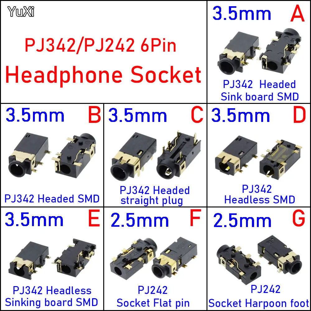 YUXI 1PCS PJ-342/PJ242 3.5mm Headphone jack PJ342/PJ242 6Pin Audio Socket sinking plate SMD Gold Plated Connector