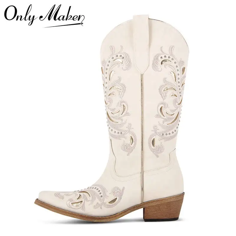 

Onlymaker Women Pointed Toe Pull On Western Cowgirl Boots Fringed Chunky Heel Embroidery Cowboy Boots