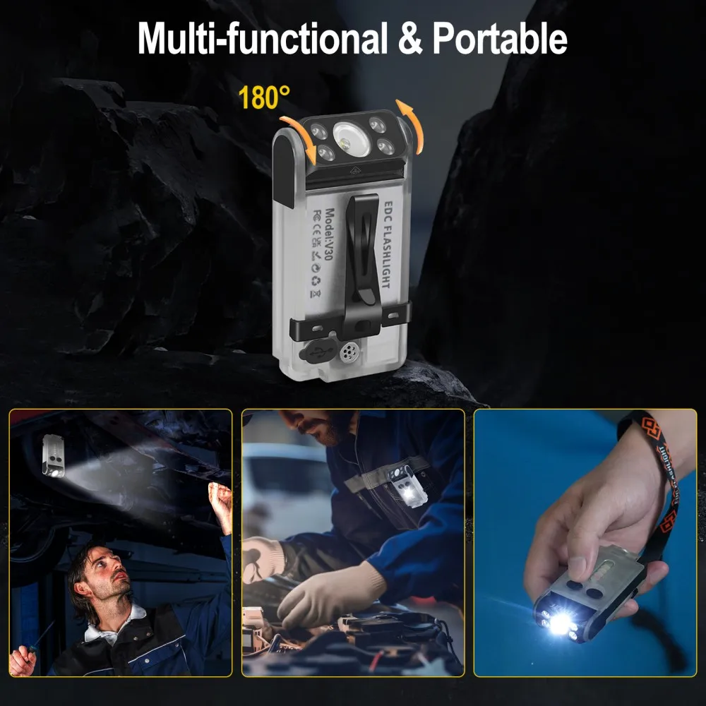 BORUiT V30 900LM UV LED Torcia EDC Tipo-C Ricaricabile Power Bank Luce da lavoro con cicalino magnetico Lanterna tascabile da campeggio