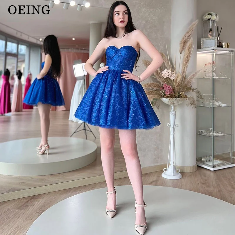 

OEING Royal Blue A-Line Princess Prom Dresses Strapless Sequin Party Gowns Mini Sexy Sweetheart Soft Tulle Customized