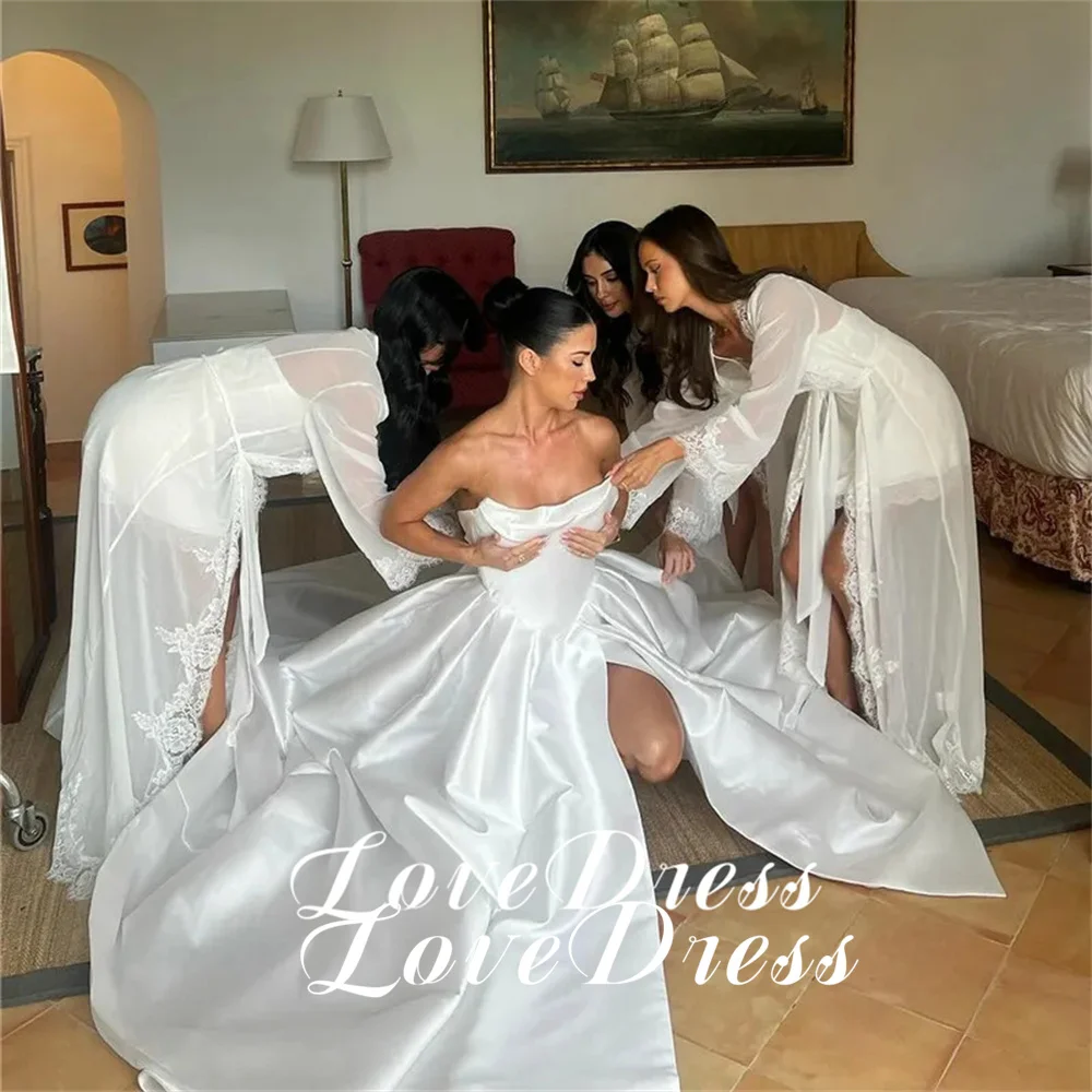 Vestido de novia personalizado con pliegues sin tirantes, corte en A, abertura lateral alta, Pastoral, sin mangas, cuello barco, sin espalda, con cordones, 2025