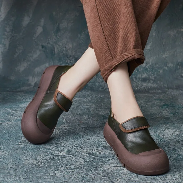 Birkuir Retro Flat Platform Women Shoes Slip On Thick Heel Soft Sewing Shoes 2024 Luxury Round Toe Genuine Leather Casual Shoes