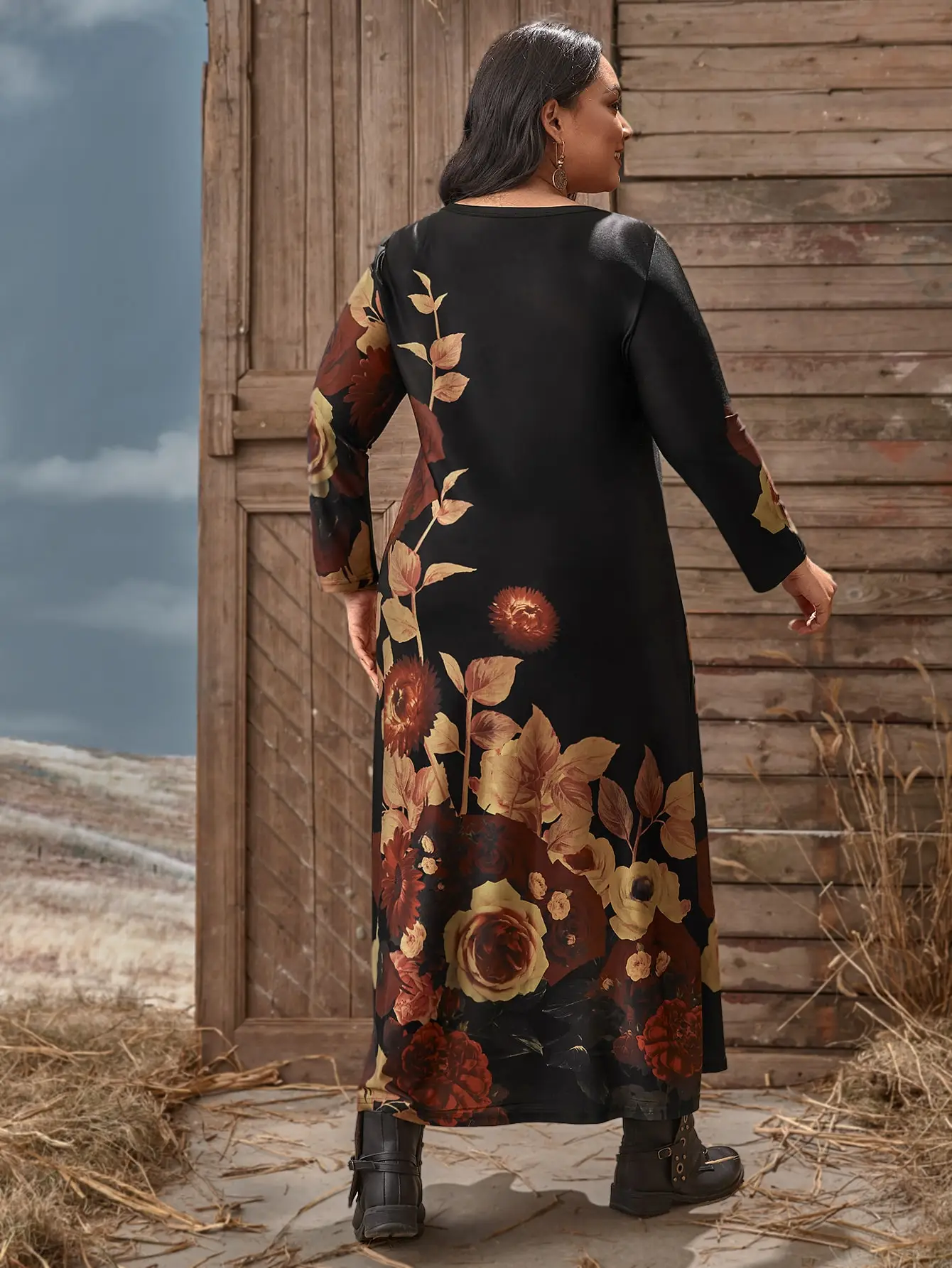 2024 Autumn Winter Woman Long Sleeve Dress Floral Print Casual Dress Loose Plus Size Smocked Maxi Women Clothing