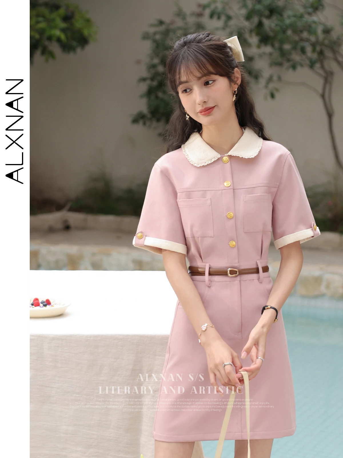 

ALXNAN Single-breasted Dresses for Women 2024 Summer New Short Sleeve Turn-down Collar Pink Pocket Office Lady Dress LXN30250