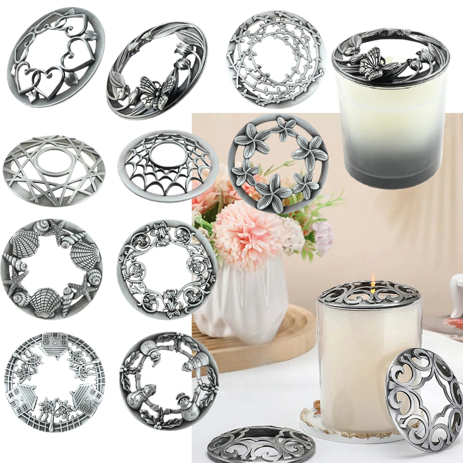 Candle Toppers Metal Lids Fit 80mm Jar Scented Candles Cover Home Decor Gifts with Multi Unique Pattern Help Candles Melt Evenly