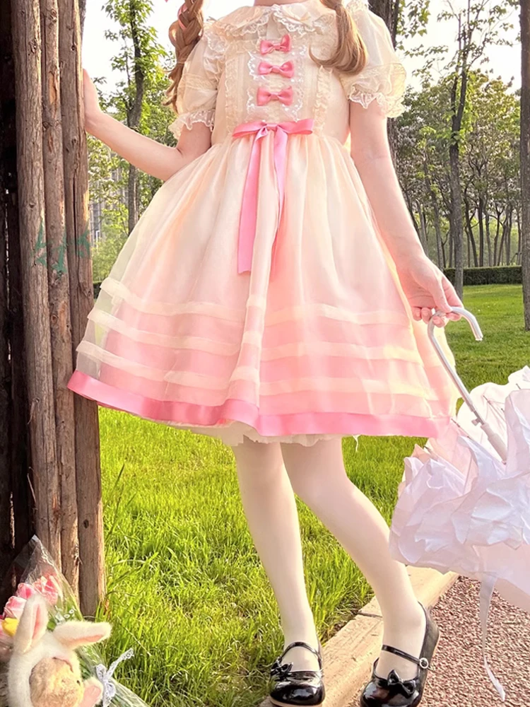 

KIMOKOKM Sweet Lolita Gradient Dress Ruffled Lace Kawaii Square Collar Bandage Bow Sleeveless A-Line Japanese JSK Princess Dress