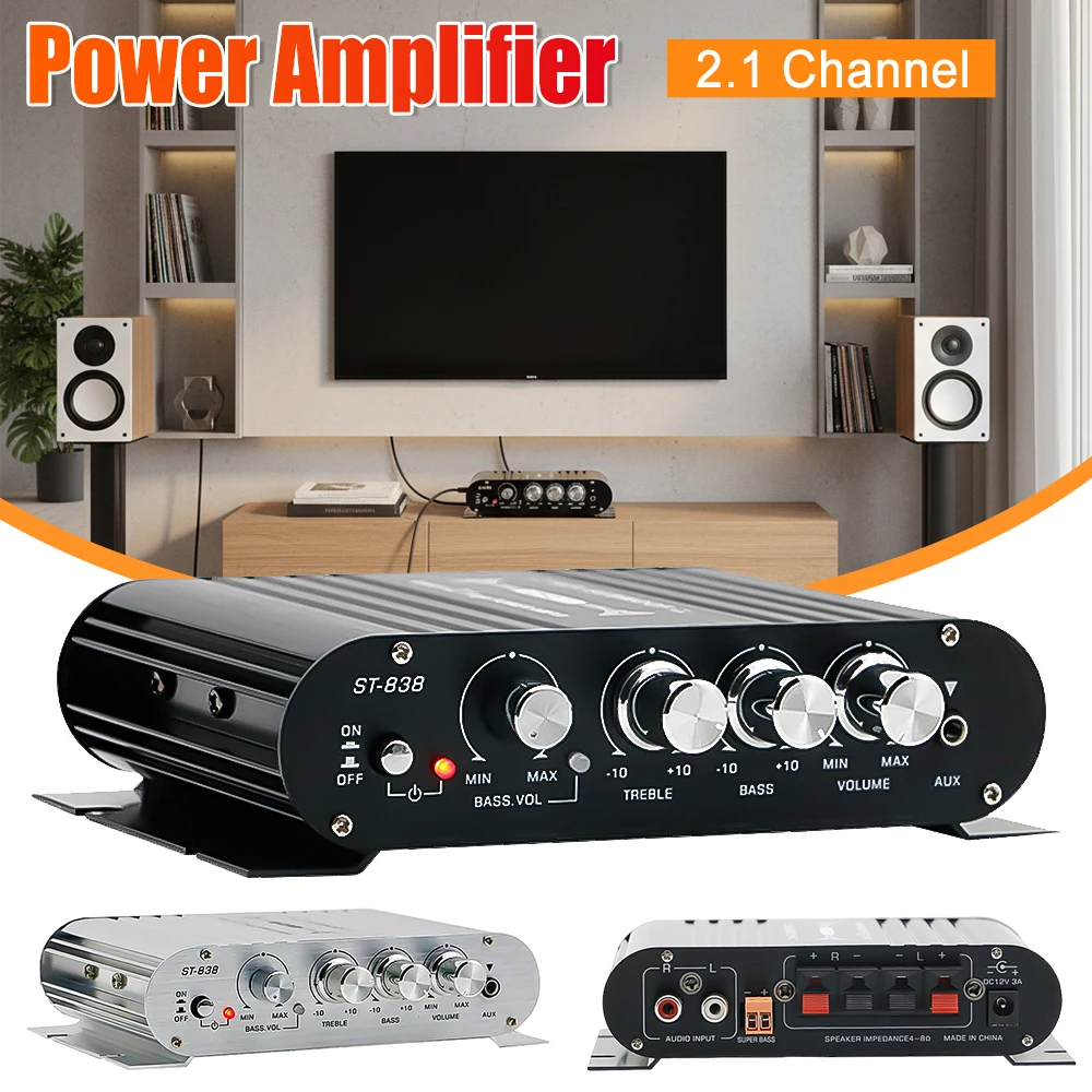 

ST-838 HiFi 2.1-канальный стереоусилитель звука с регулировкой басов и высоких частот, 80 Вт*2, мини-аудиоусилитель для автомобиля и дома