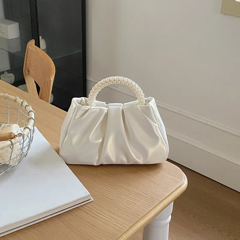 

Fashion Pearl Handle Women's Evening Clutch Pearlescent Pleated Handbag Delicate Small Crossbody Bag