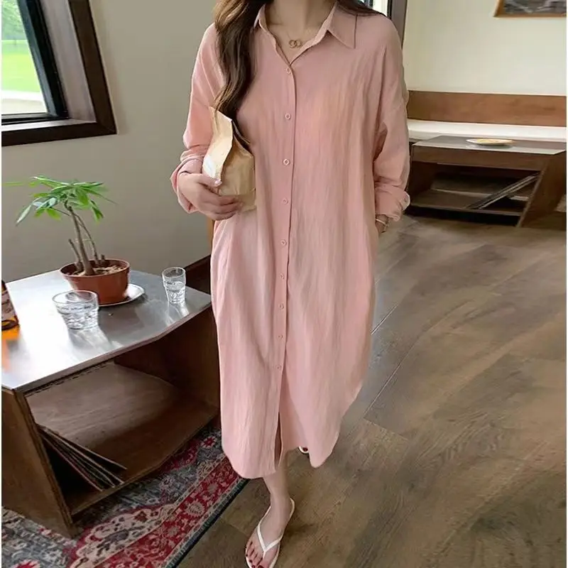 

Summer New Cotton Linen Polo-neck Solid Color Shirt Dress Ladies Long Sleeve Buttons All-match Cardigan Top Women Vintage Blouse