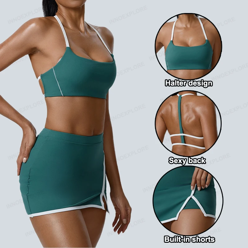 Women Tennis Set Sports Bra Gym Skirt With Shorts Stretch Badmintion Golf Suit Workout Yoga Outfit Women Fitness Tank Top Skort