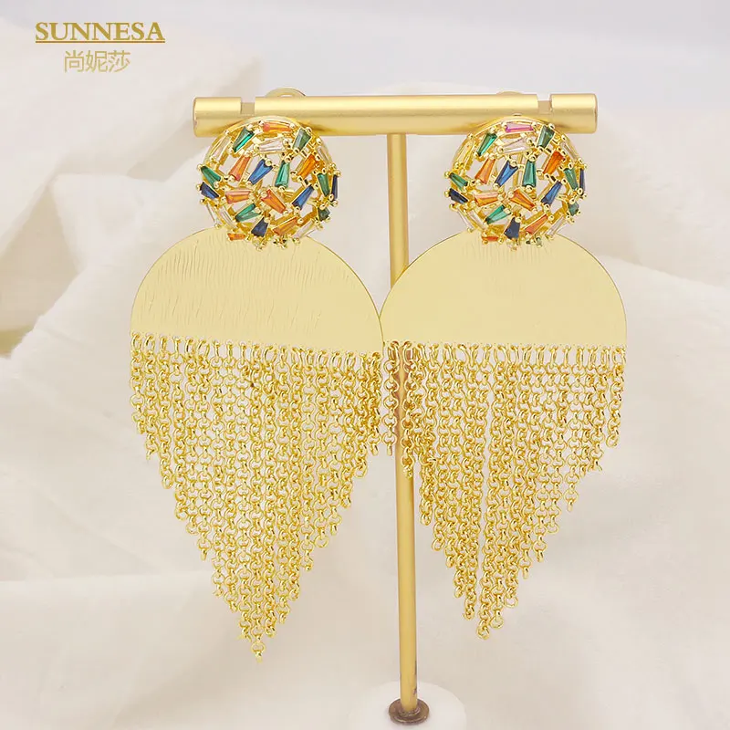 

SUNNESA Golden Luxury Tassel Long Earrings Copper Plated Dubai Wedding Patry Jewelry Colorful Zircon African Earrings for Women