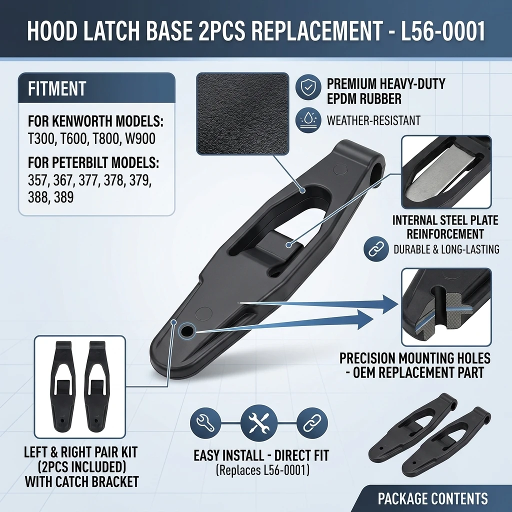 For Kenworth T300 T600 T800 W900 Peterbilt 357 367 377 378 379 388 389 Hood Latch Base 2PCS L56-0001 Replacement Rubber Steel Durable Direct Fit Easy Install Truck Accessories OEM Replacement Part With Catch Bracket Left Right Pair Kit