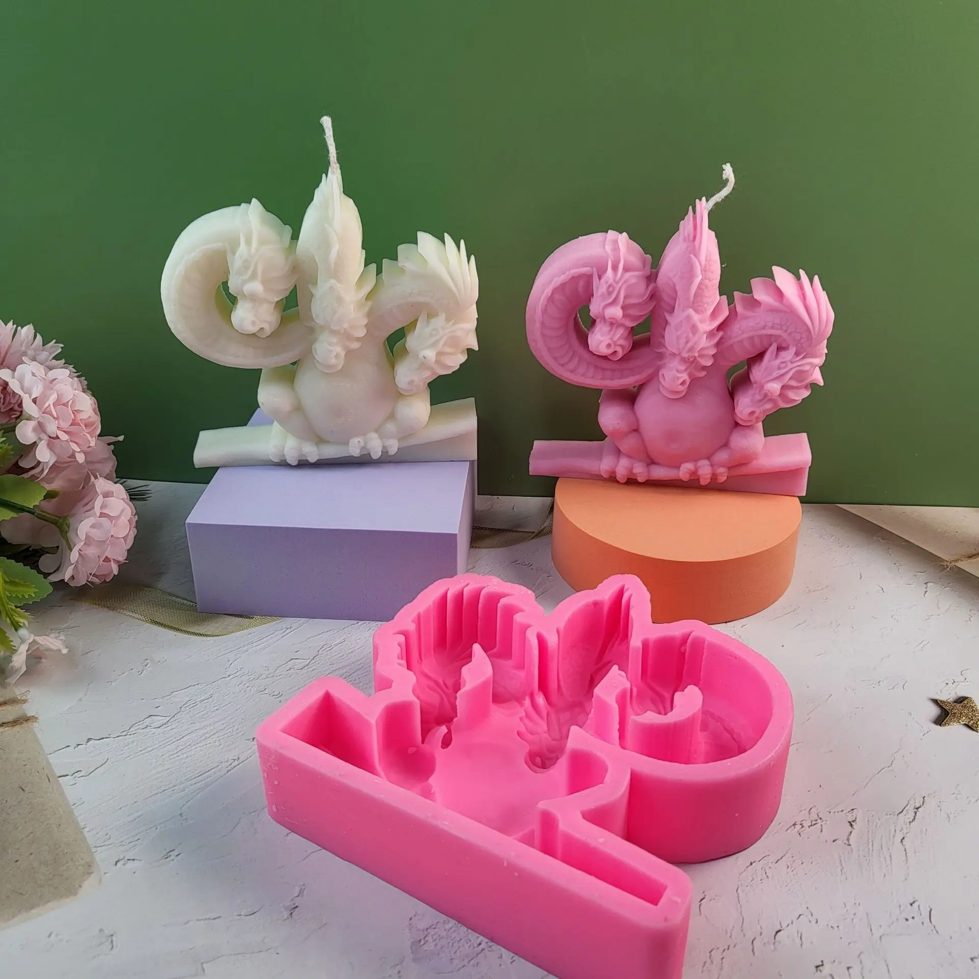 Three Headed Dragon Aromatherapy Candle Silicone Mold Candle Decorative Ornaments Resin Silicone Mold 3D Home Decor Gift