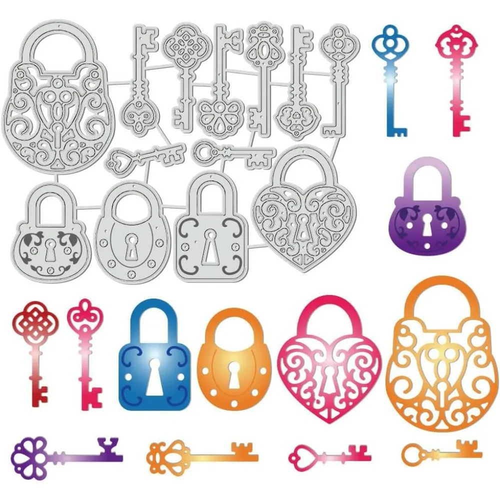 13 Stück Herz-Lock-Schlüssel-Metall-Stanzformen, Schablonen für die Kartenherstellung, Papierprägung, Stanzformen, Kit, Vorlagen, Aufbewahrungstaschen, Zubehör