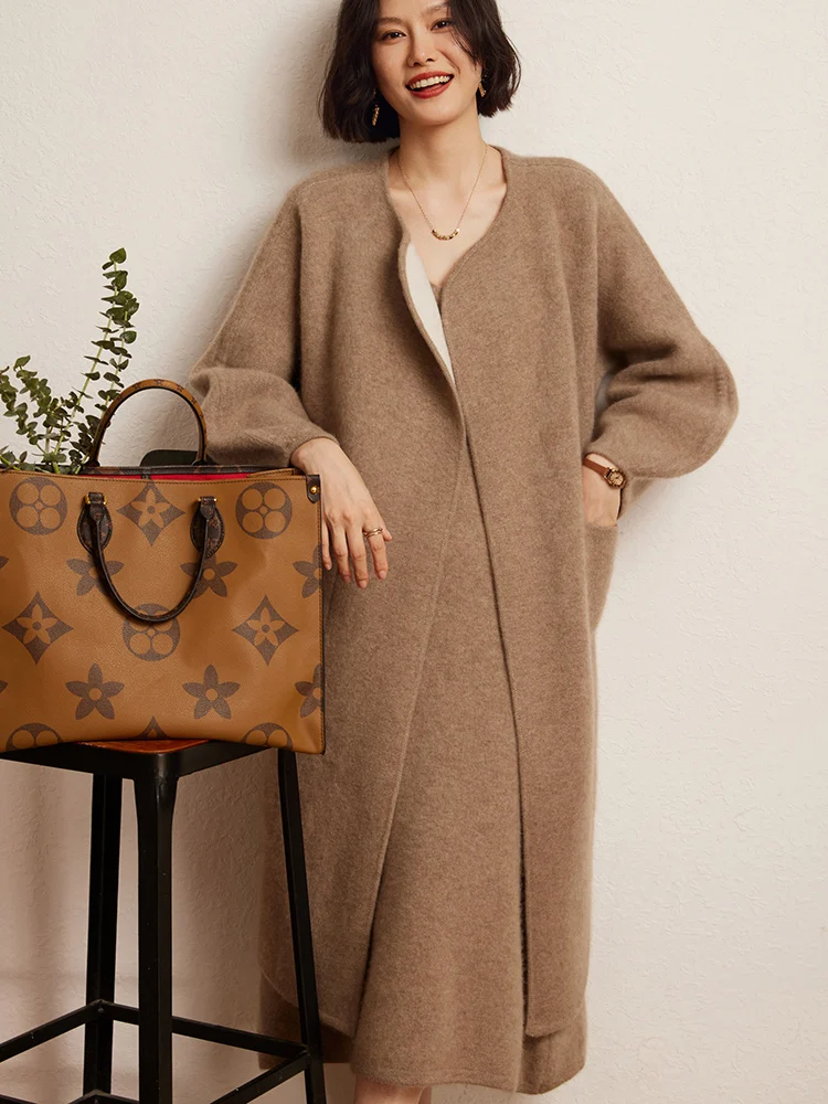 Chic Autumn Winter Women's Lantern Sleeve Cashmere Coat Warm Soft 100% Cashmere Cardigan Casual Loose Comfort Clothing Tops