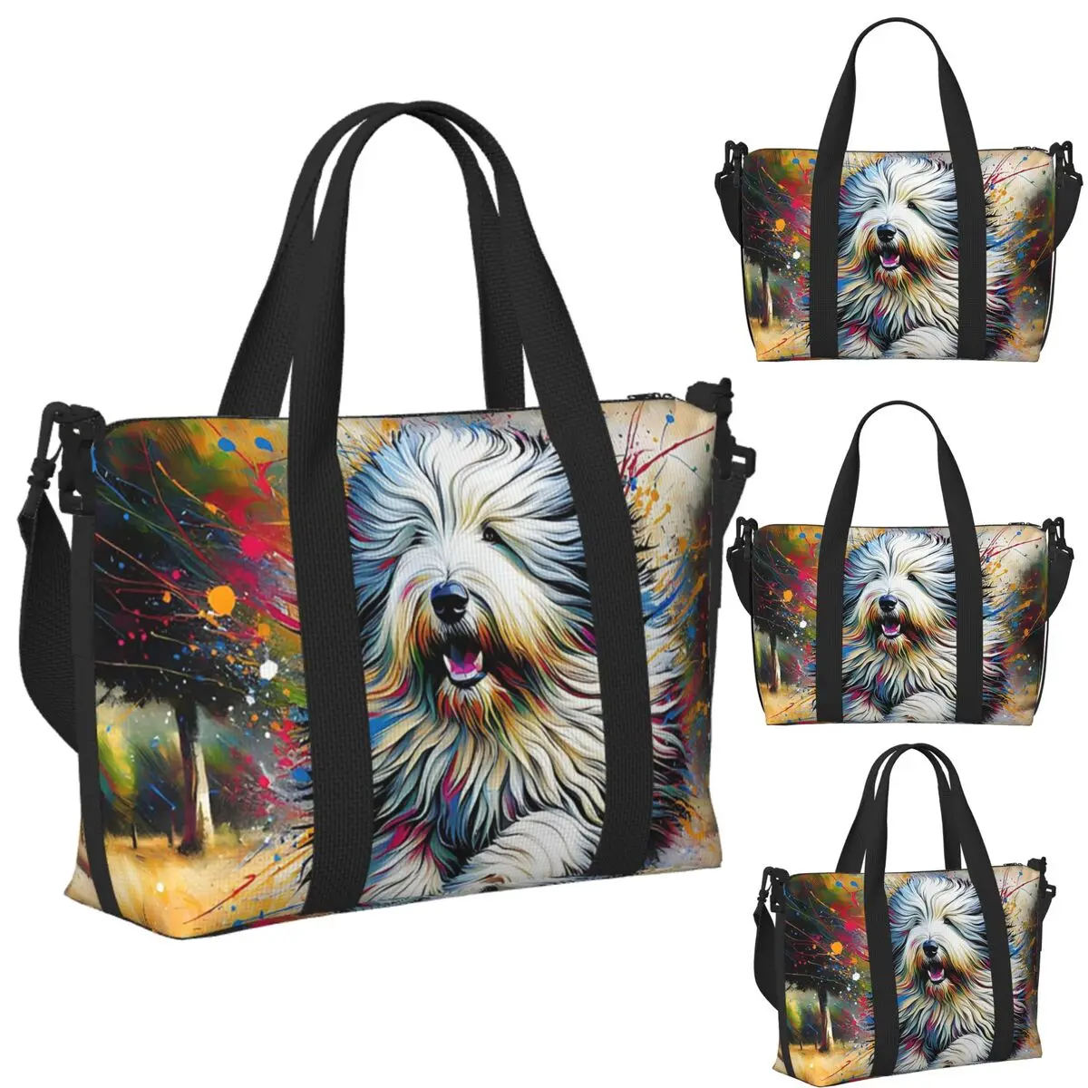 

Custom Old English Sheepdog Dog Beach Travel Bag Large Capacity Tote Bags for Gym Sport Women Shopping Duffle Shoulder Bag