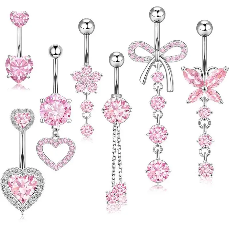 Image of Gemischte Bauchnabelpiercing-Sets aus Edelstahl mit Blumen- und Schmetterlingsmotiven, gebogene Bauchnabelringe, 7 Stück/Set, Herz-Bauchnabelring-Packung