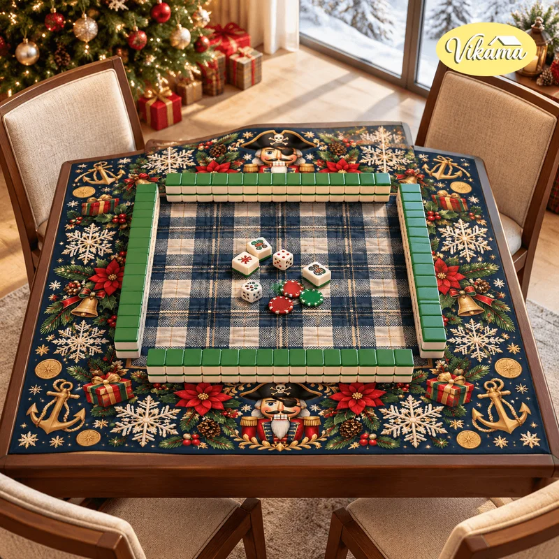 VIKAMA Navy Plaid Pirate Nutcracker Anchor Snowflake Mahjong Table Mat Non Slip Card Game Decor Washable Mahjong Table