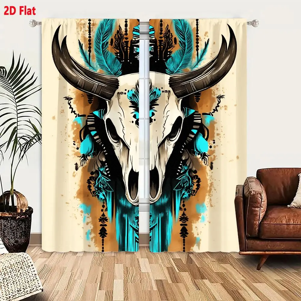 2Pcs Curtains Add 2D Flat Stylized Native American Inspired Bull Skull With Turquoise Feathers And Tribal Patterns On Beige Back