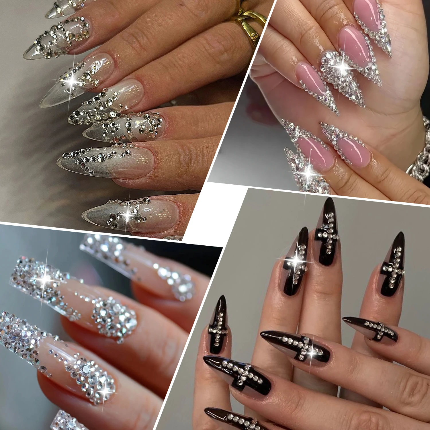 12 Gitter mit verschiedenen Größen, klare weiße Edelsteine, Nagelrhinestones, 3D glänzende, flache Rückseite, SS4-SS30, luxuriöse Kristall-Nagelglitzer-Charms, Hochzeitsdeko – Detail 7
