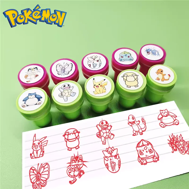 10PCs Pokemon Pikachu Cartoon Seal Set Toys Children Anime Figure Charizard Psychuck Cartoon Model Circular Seal Kids Toys Gifts