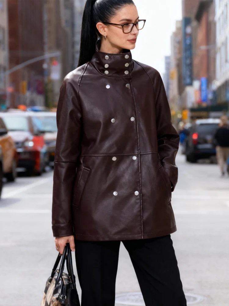 المرأة خمر فو سترات من الجلد مزدوجة الصدر الوقوف طوق سليم بولي Coats معاطف الخريف الشتاء موضة شارع العليا جاكيتات